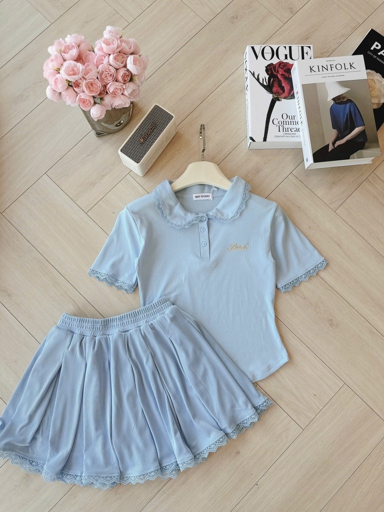 SET ÁO POLO CỔ SEN PHỐI REN XANH NỮ