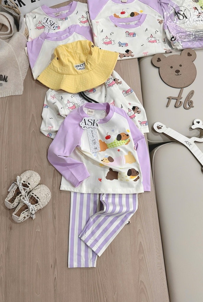 BỘ DÀI CHÓ CON NHỎ TONE TÍM BE QUẦN KẺ BÉ GÁI