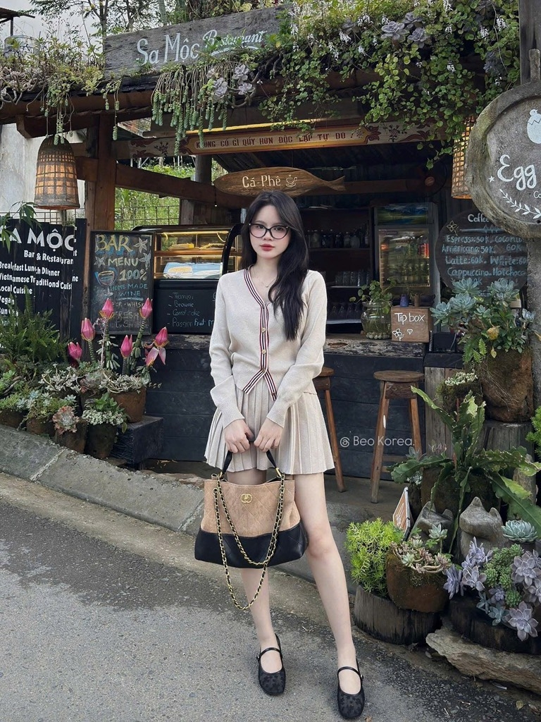SET ÁO LEN CARDIGAN MIX CHÂN VÁY XẾP LY NỮ THU ĐÔNG