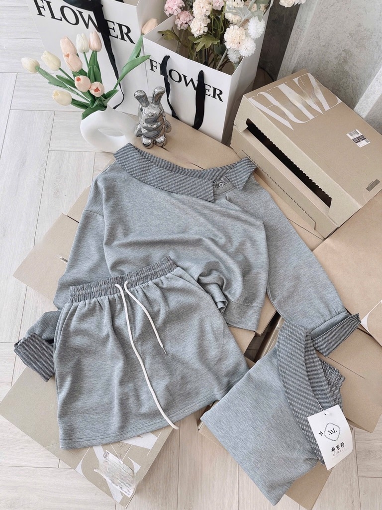 SET MÌ NỈ CHÂN VÁY ÁO PHỐI KẺ CHÉO VAI NỮ THU ĐÔNG SẴN (SALE 139k)