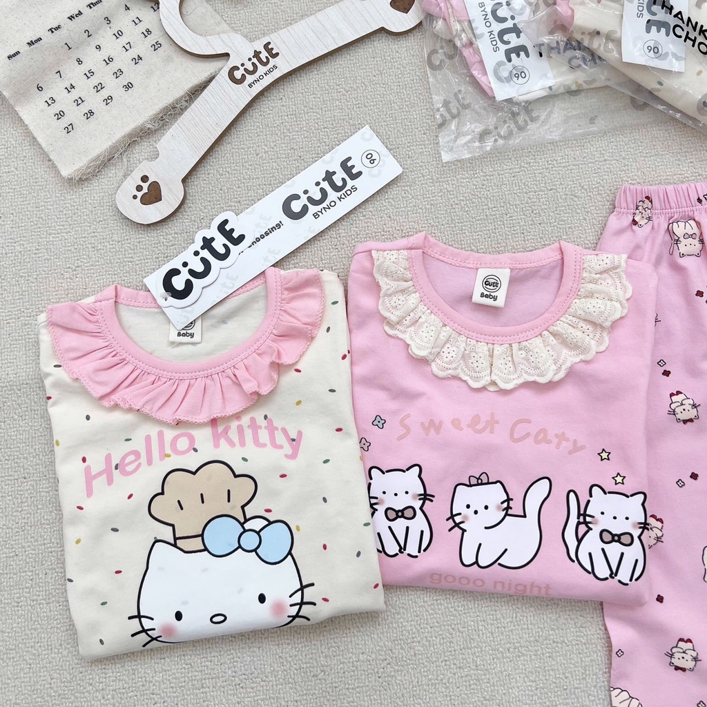 SÉT 2 BỘ COTTON DÀI TAY MÈO KITTY BE HỒNG CHO BÉ GÁI