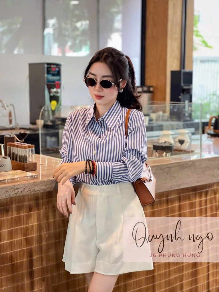 SET ÁO KẺ XANH MIX SHORT LI GẤU TO NỮ SẴN