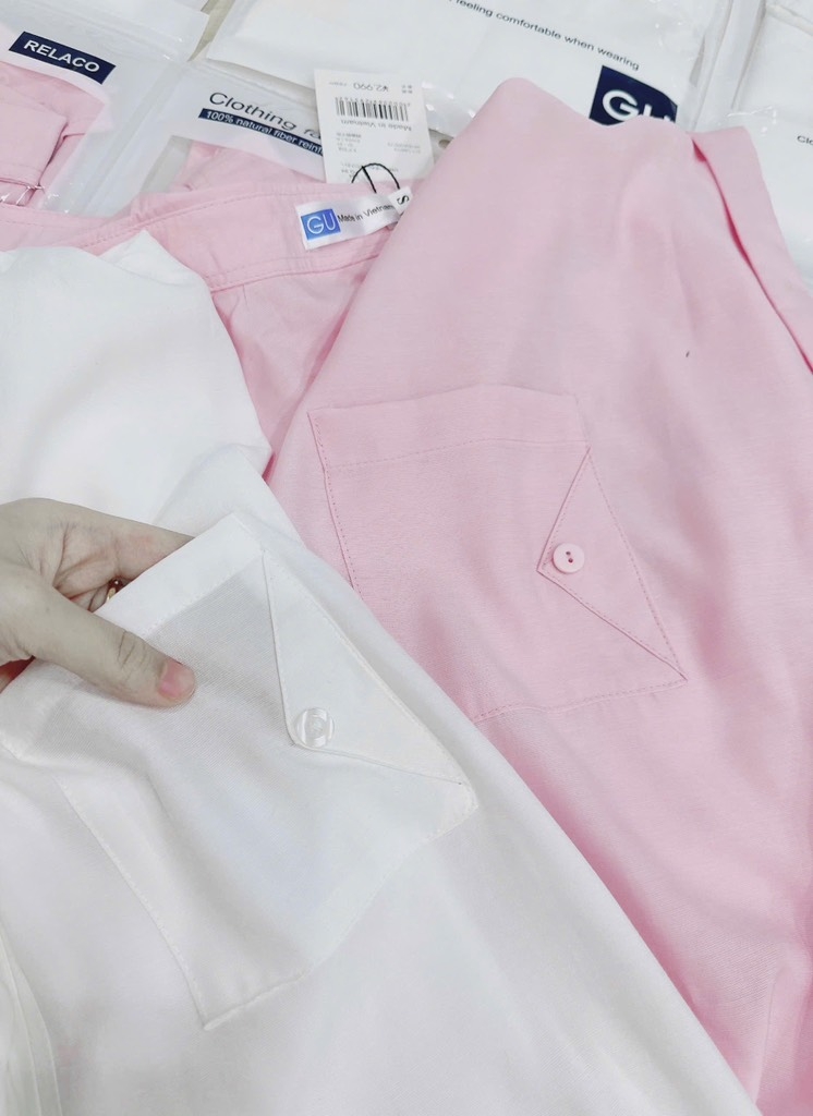 ÁO SƠ MI GU TÚI TRƯỚC HỒNG TRẮNG NỮ SẴN (SALE 80k)