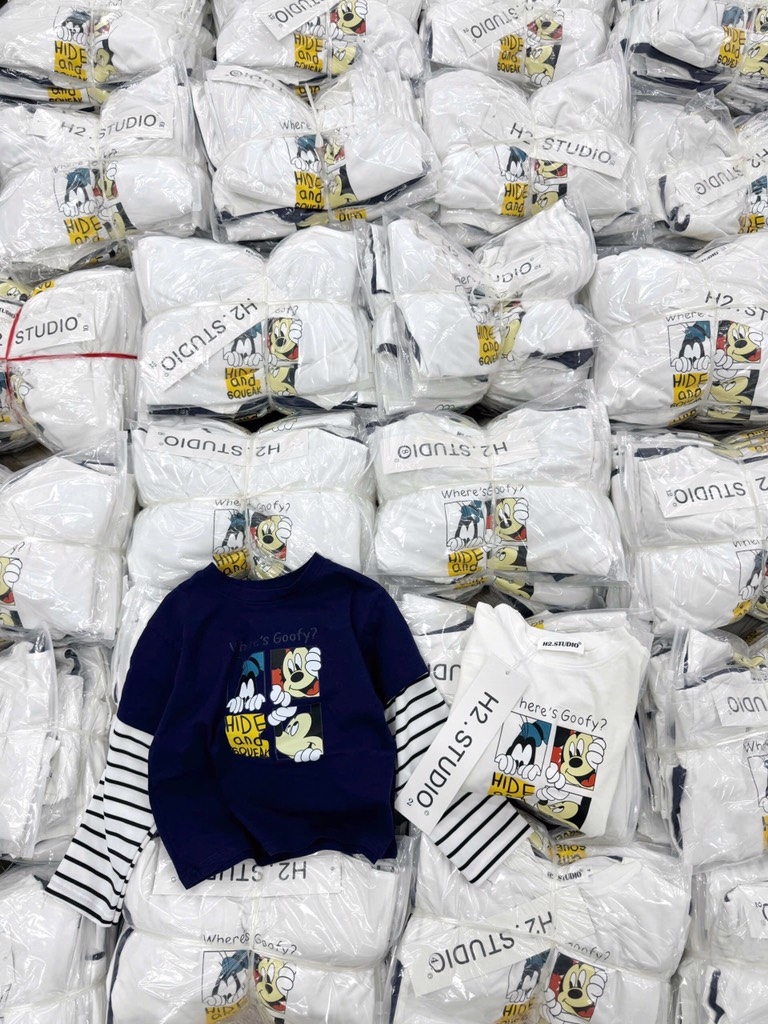 SET 2 ÁO DÀI PHỐI TAY KẺ MICKEY WHERE'S GOOFY TRẮNG THAN BÉ TRAI