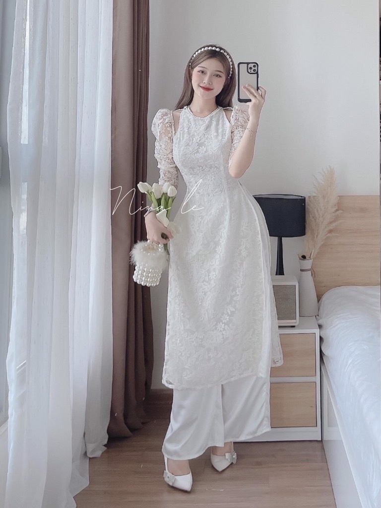 SET ÁO DÀI REN 2 LỚP CỔ NGỌC ĐÍNH VAI ĐÁ(xả 150k)