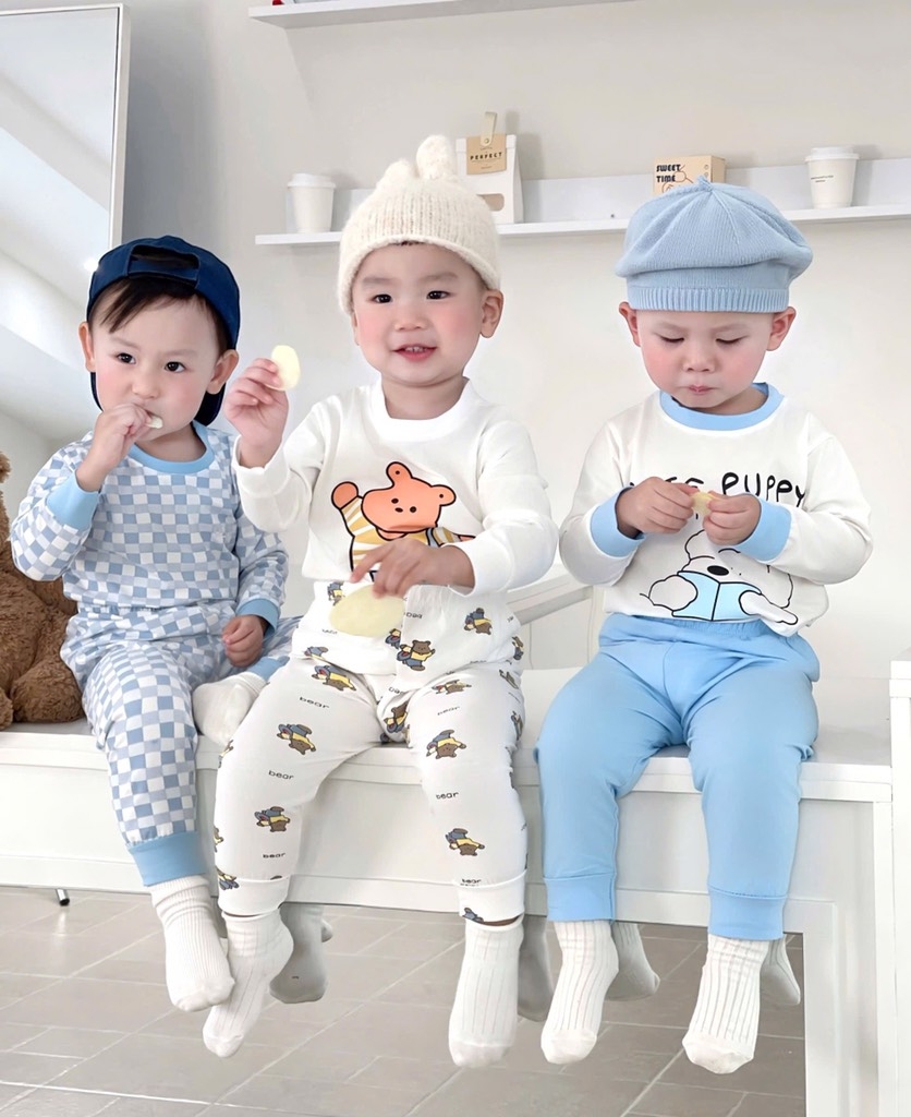 SET 3 BỘ DÀI TAY CUTE PUPPY TONE XANH TRỜI CHO BÉ TRAI