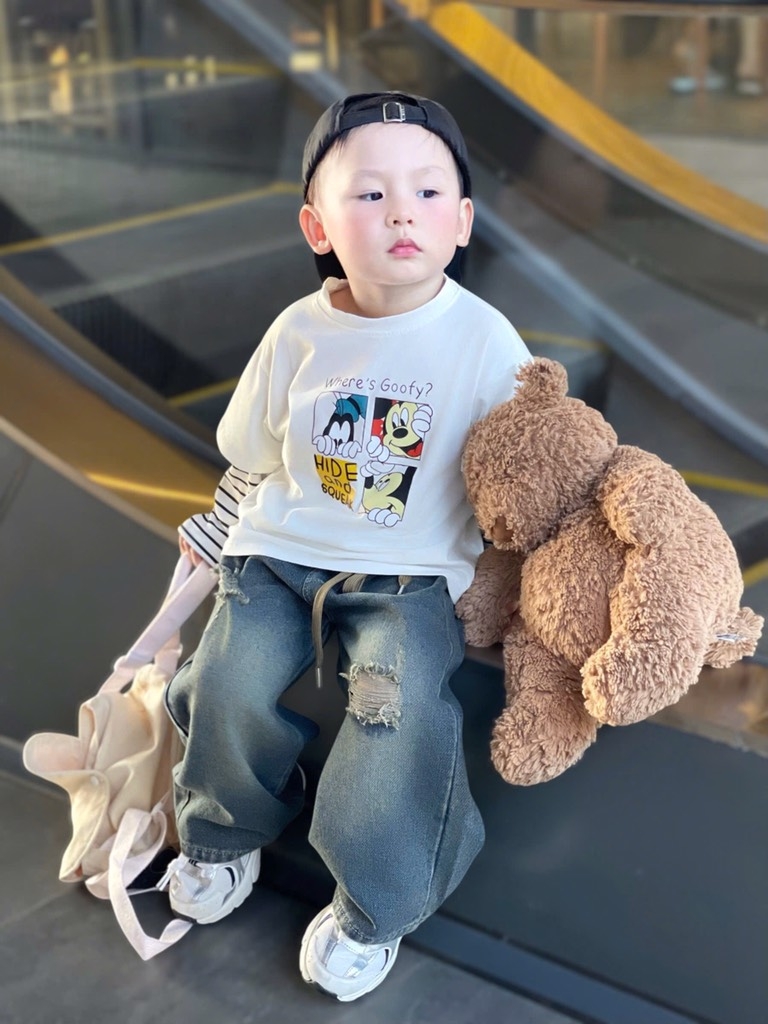 SET 2 ÁO DÀI PHỐI TAY KẺ MICKEY WHERE'S GOOFY TRẮNG THAN BÉ TRAI