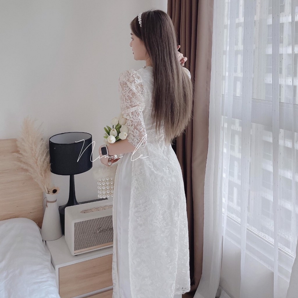 SET ÁO DÀI REN 2 LỚP CỔ NGỌC ĐÍNH VAI ĐÁ(xả 150k)