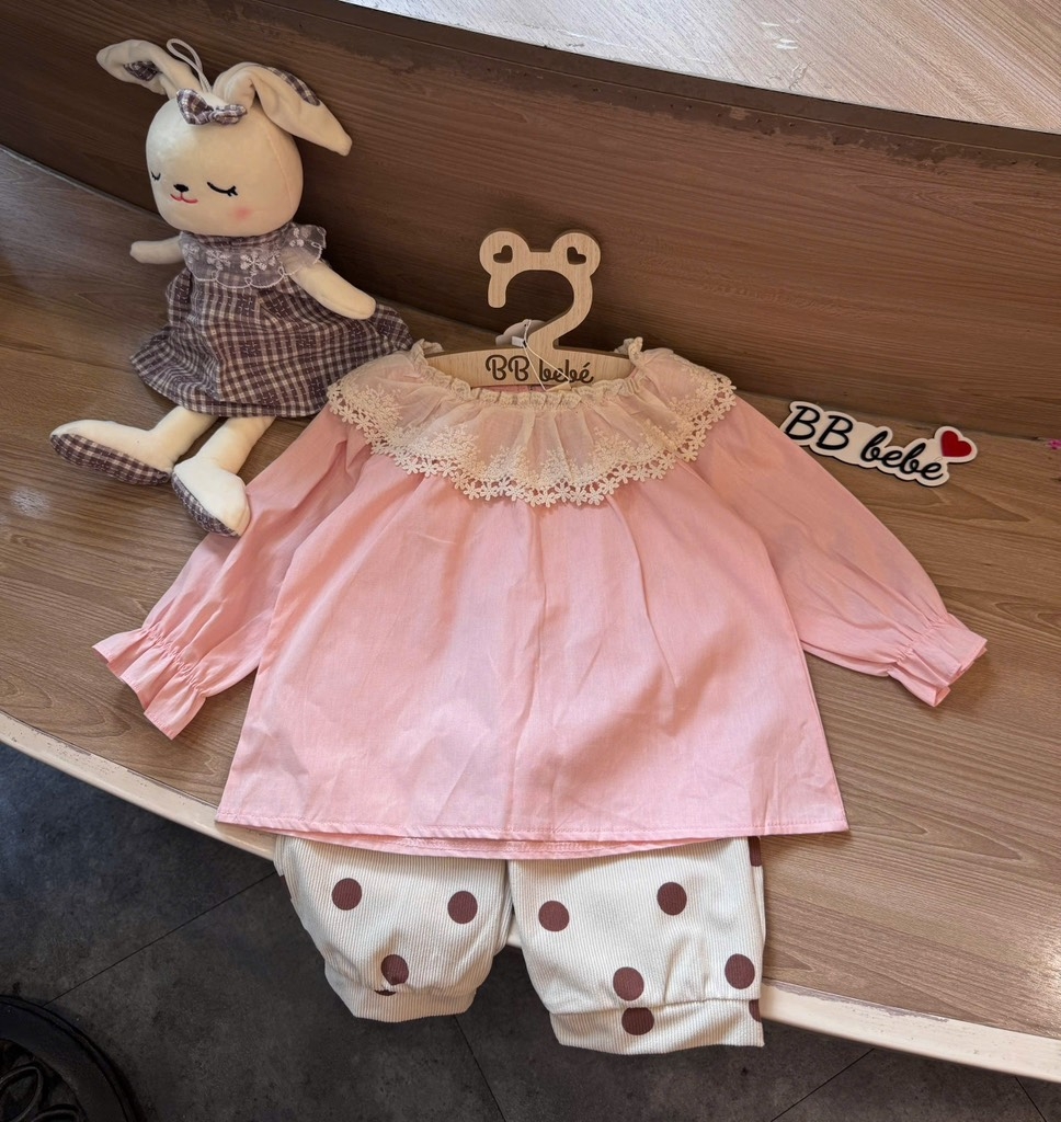 SET BỘ DÀI ÁO BABYDOLL PHỐI REN MIX QUẦN CHẤM BI BÉ GÁI (XẢ 50k)