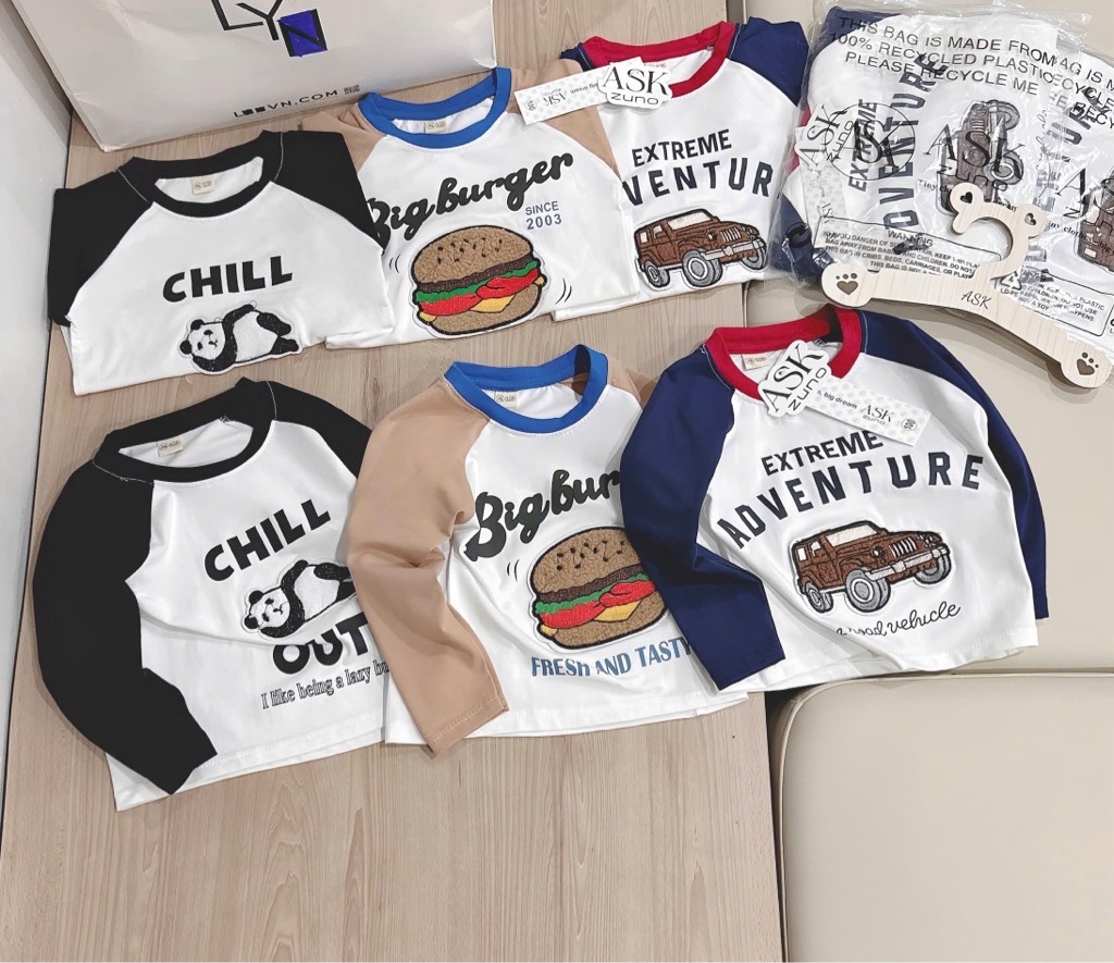 SET 3 ÁO Ô TÔ GẤU HAMBUGER DÀI TAY BÉ TRAI SẴN(XẢ 108k)