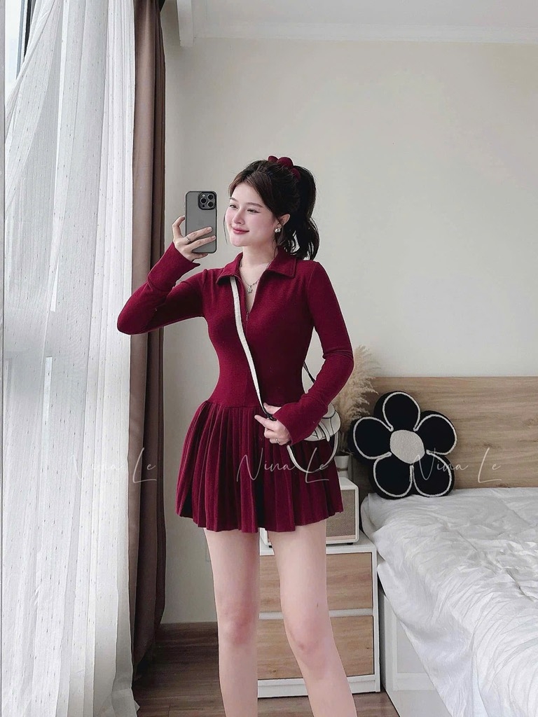 VÁY LEN THỎ DẬP LY ÉP MÙNG KHOÁ TRC TAY DÀI NỮ THU ĐÔNG SẴN(xar  109k)