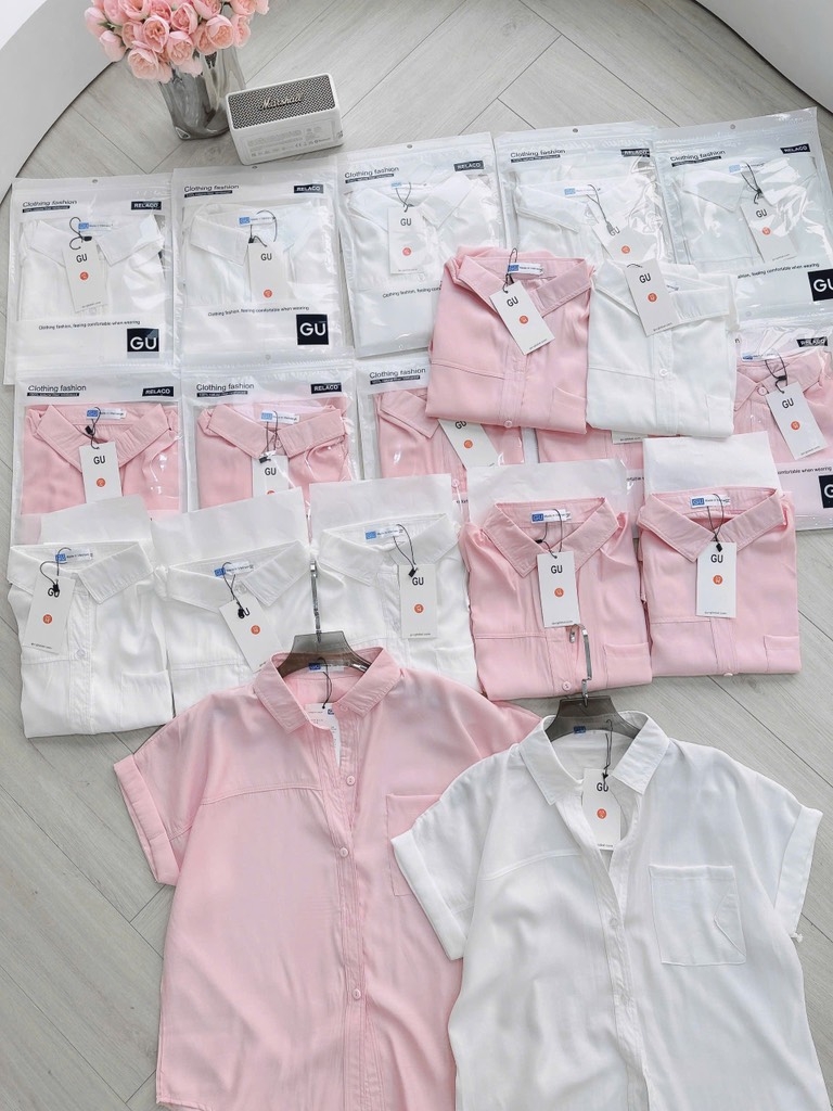 ÁO SƠ MI GU TÚI TRƯỚC HỒNG TRẮNG NỮ SẴN (SALE 80k)
