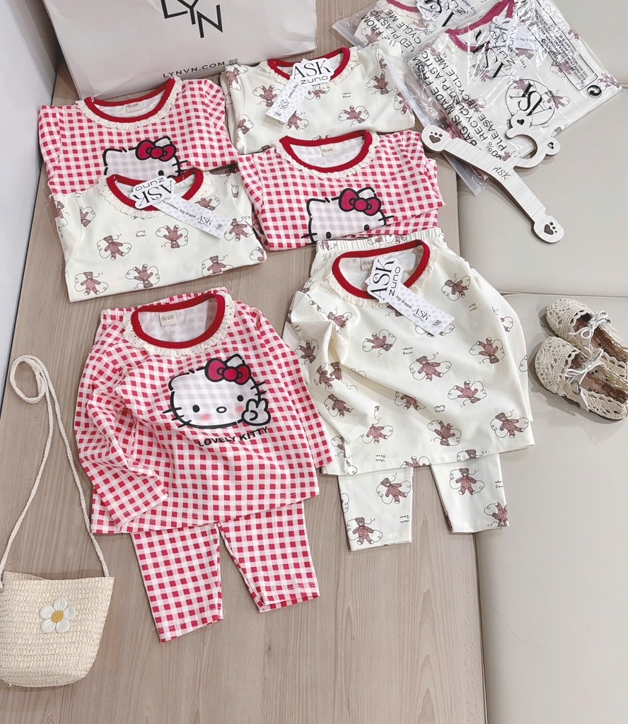 SET 2 BỘ DÀI KẺ CARO ĐỎ MÈO KITTY BÉ GÁI (XẢ 99k)