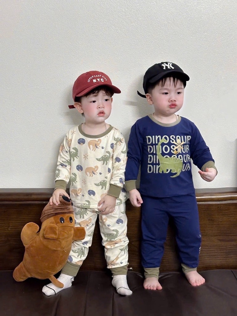 SET 3 BỘ DÀI TAY KHỦNG LONG TONE BE RÊU XANH THAN BÉ TRAI