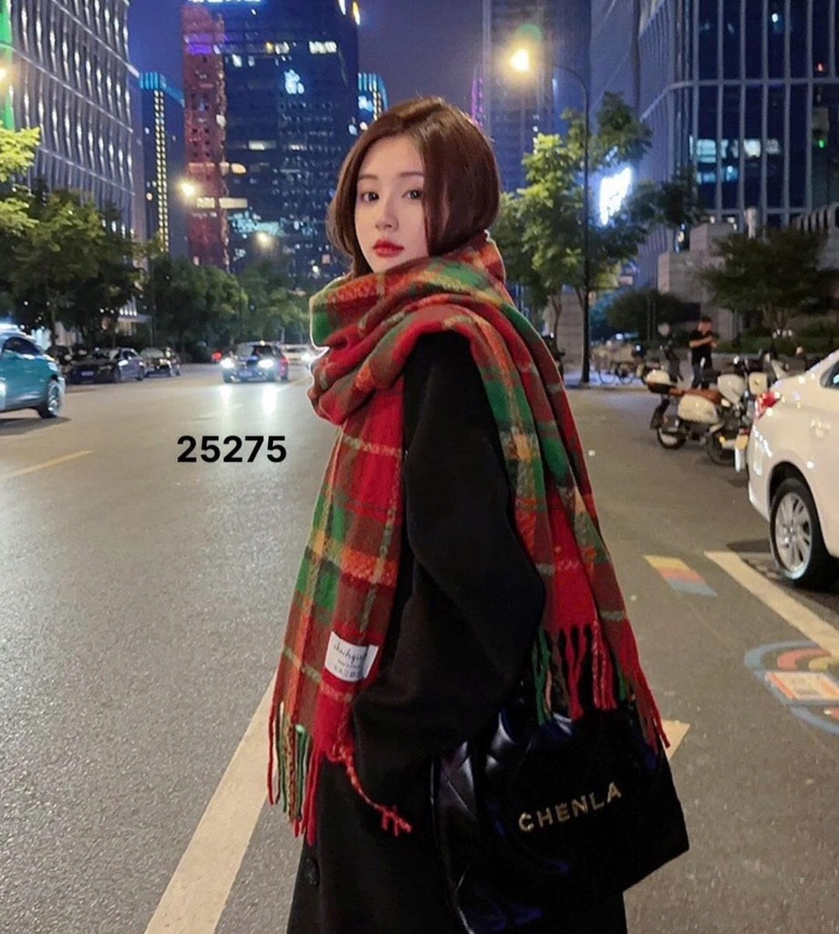 KHĂN MŨ - KHĂN DẠ KẺ CARO TONE ĐỎ NỮ THU ĐÔNG