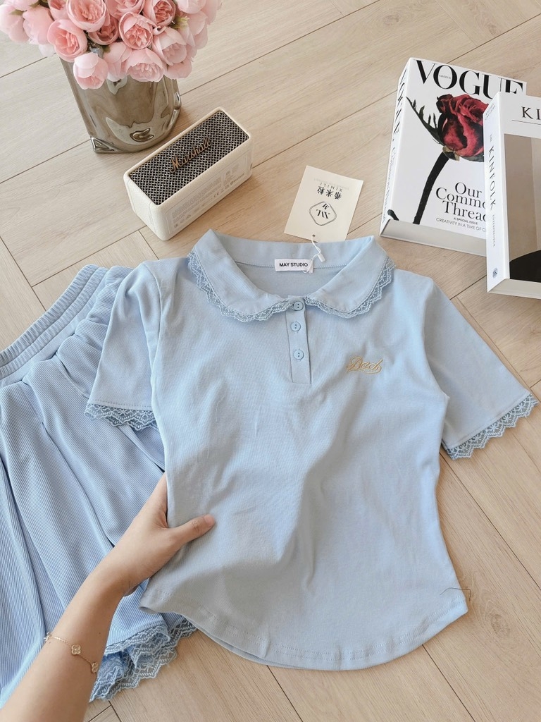 SET ÁO POLO CỔ SEN PHỐI REN XANH NỮ