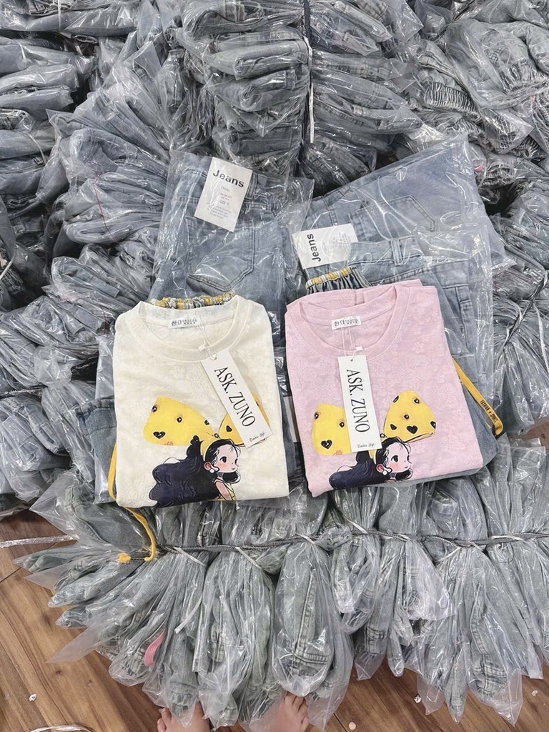 SET BỘ ÁO HOẠ TIẾT CÔ GÁI KÈM QUẦN JEAN PHỐI KẺ CARO NỮ(XẢ99k)