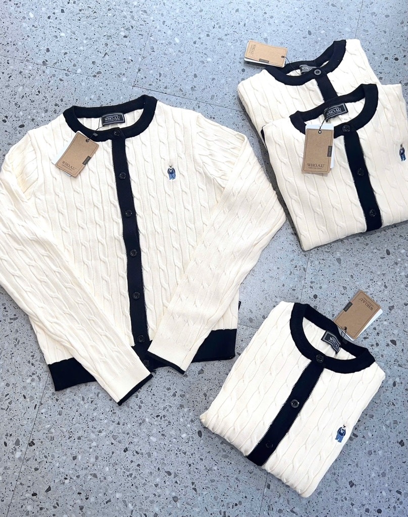 ÁO LEN CARDIGAN GẤU WHO TRẮNG VIỀN ĐEN NỮ THU ĐÔNG