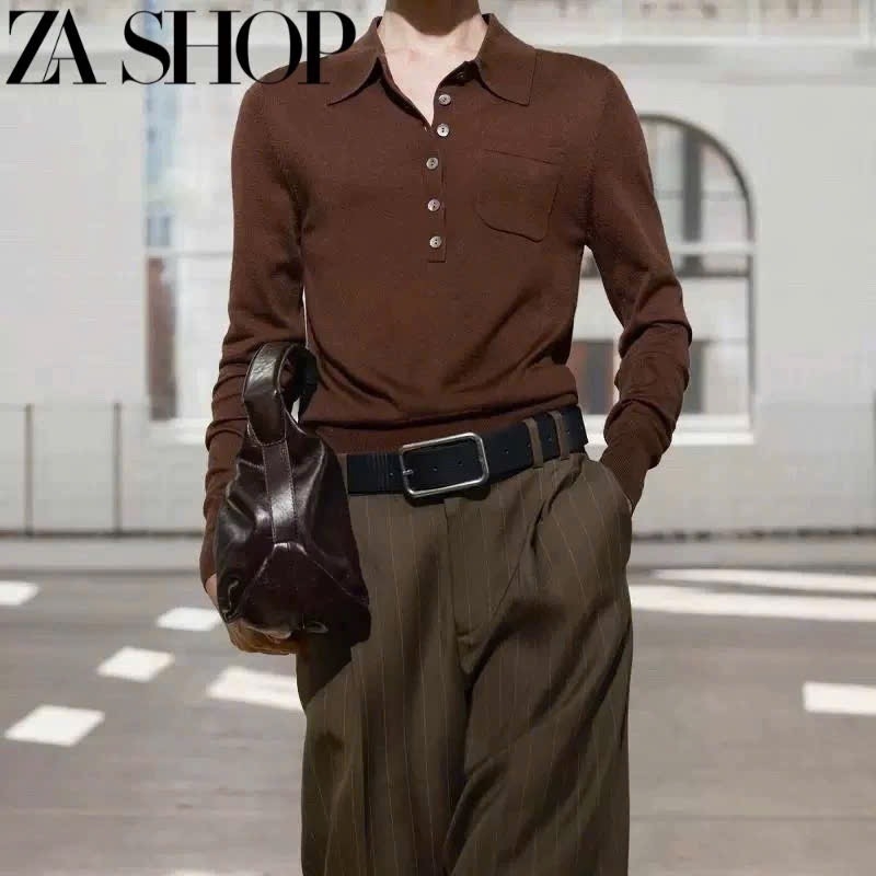 ÁO LEN CỔ POLO DÀI TAY NÂU SOCOLA NỮ THU ĐÔNG