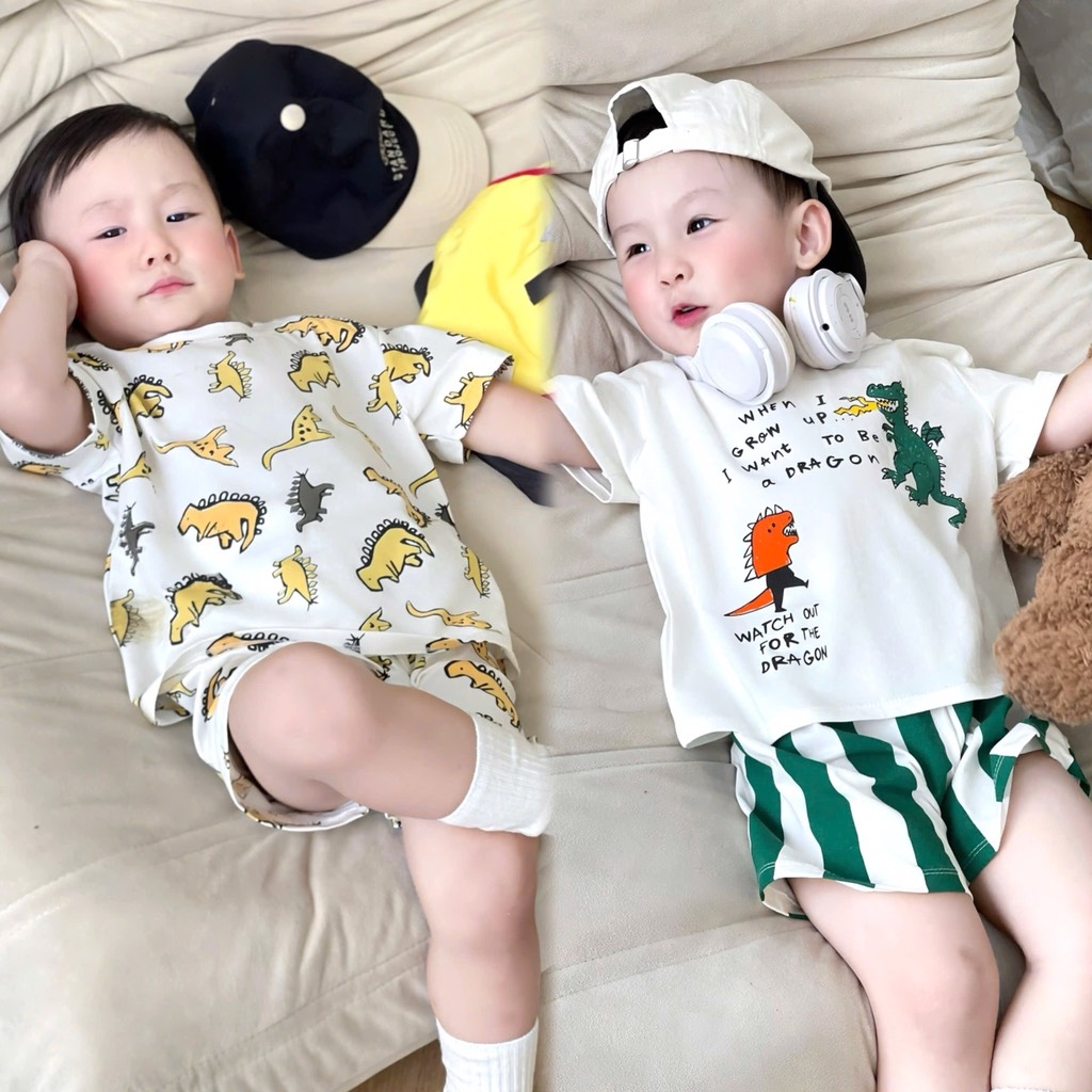 SET 2B CỘC TAY KHỦNG LONG TONE VÀNG XANH CHO BÉ TRAI