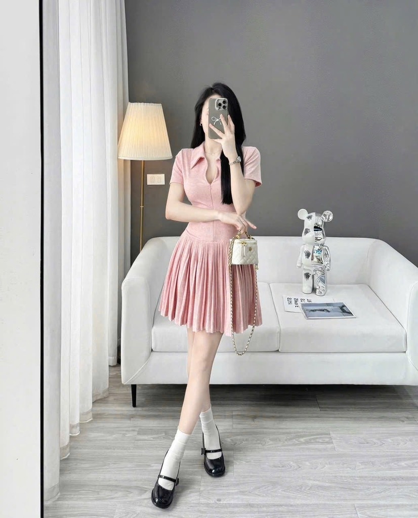 VÁY XẾP LI LEN DÍP HÀN HỒNG NỮ