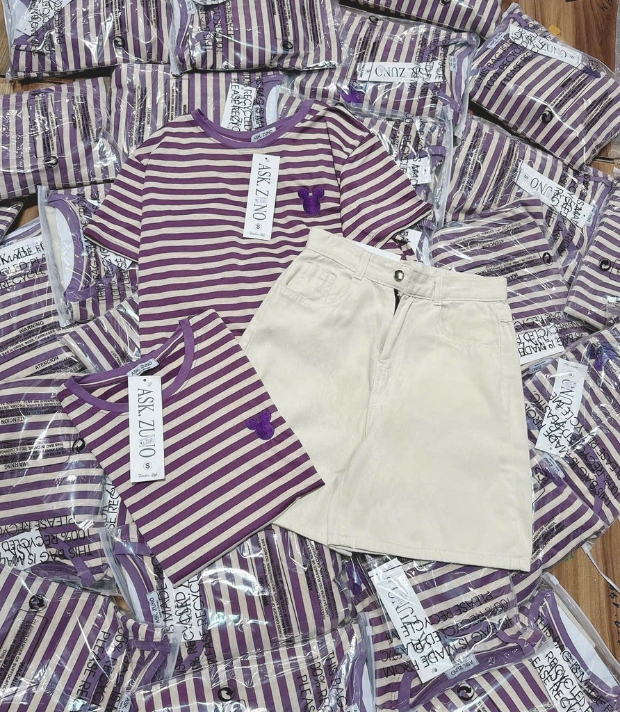 SET ÁO KẺ QUẦN SOOC BÒ KEM NỮ SẴN (SALE 129k)