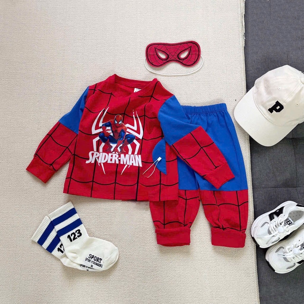 SET BỘ COTTON DÀI NHỆN SPIDER - MAN KÈM MẶT NẠ 2M CHO BÉ TRAI