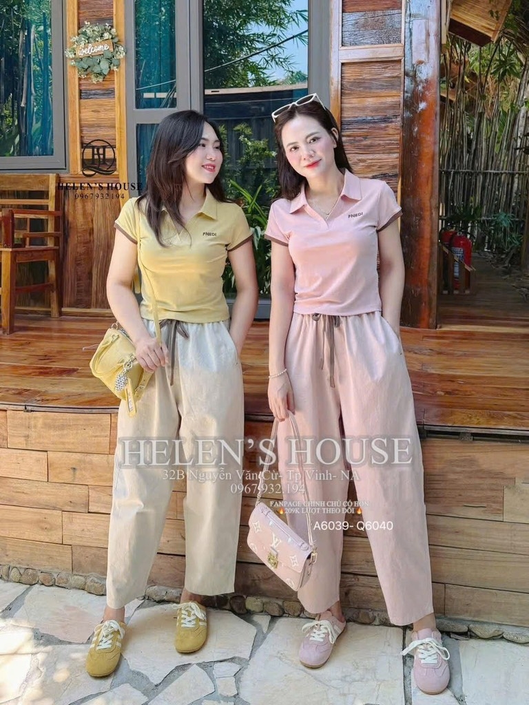 BỘ FENNN DI ÁO CỔ BẺ MIX QUẦN DÂY NÂU NỮ (SALE 129K)