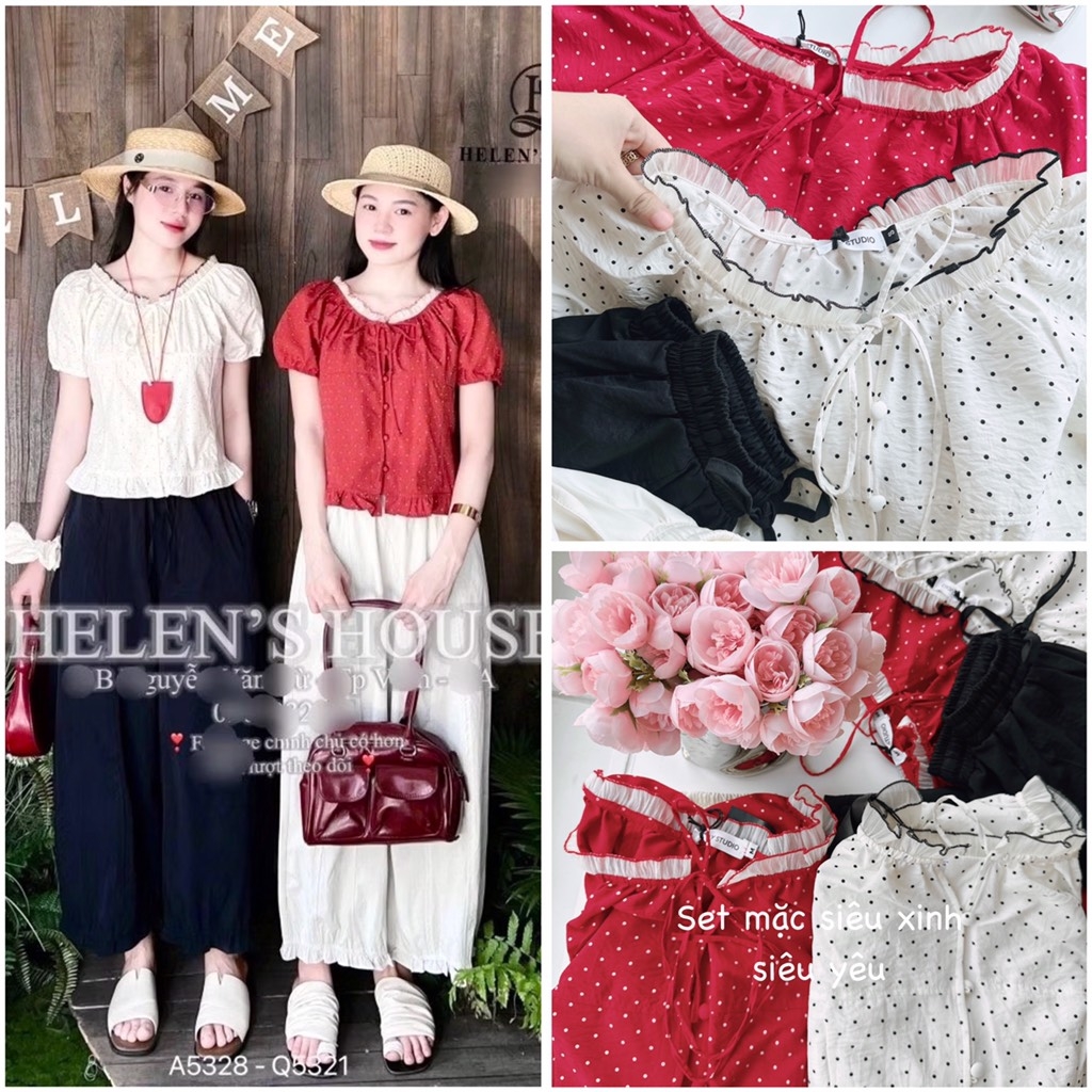 SET QUẦN BÈO GẤU MIX ÁO CHẤM BI PHỐI TƠ CÚC BỌC NỮ SẴN