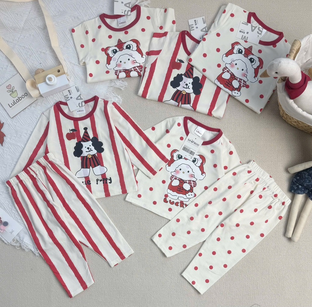 SET BỘ DÀI NOEL KẺ ĐỎ CHẤM NI BÉ TRAI BÉ GÁI