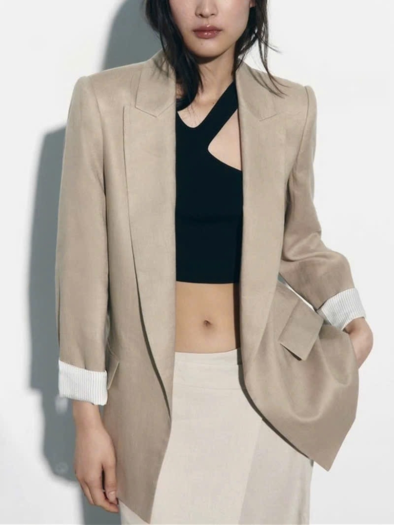 ÁO BLAZER LI-EN ÉP MÙNG PHỐI TAY KẺ 2 LỚP NỮ THU ĐÔNG SẴN