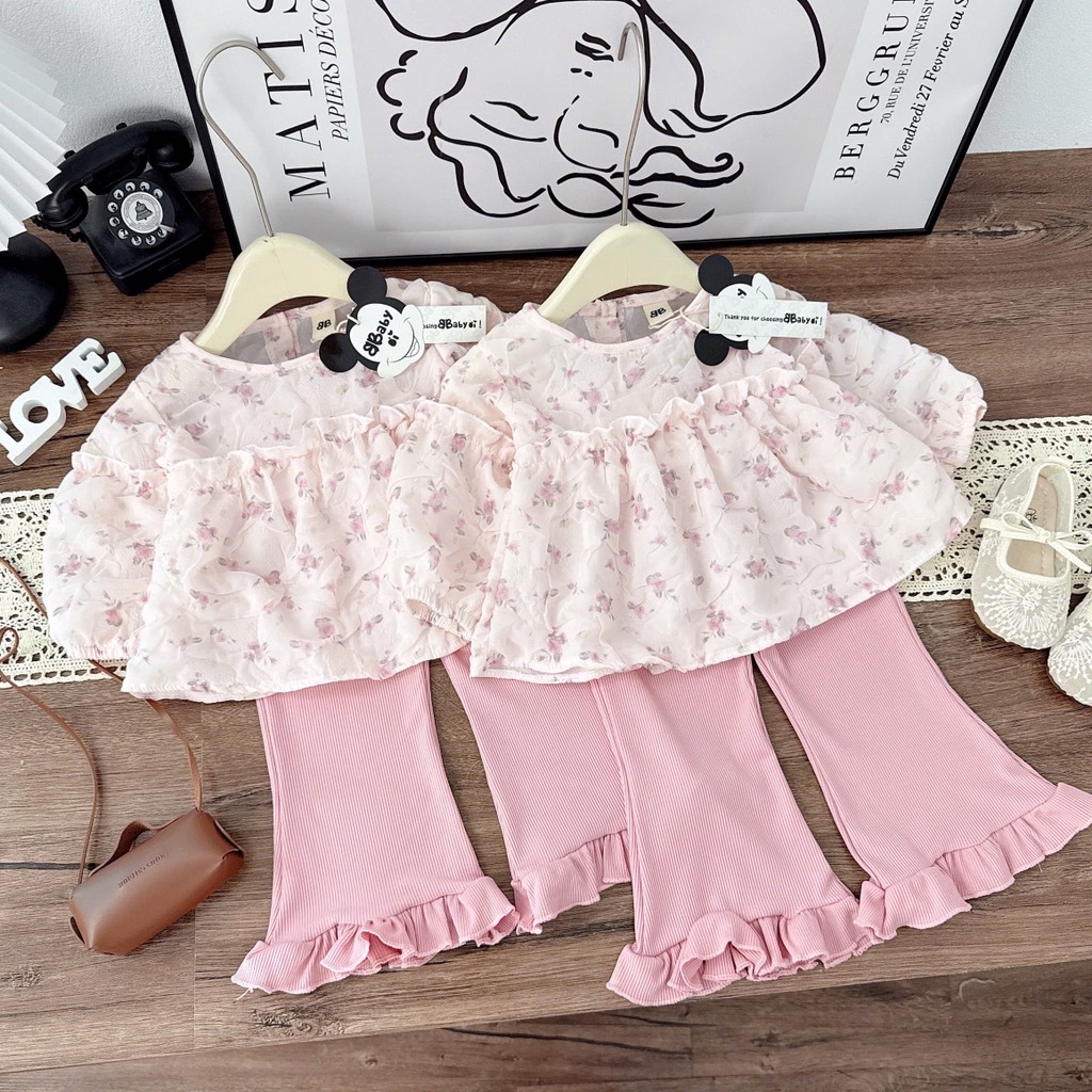 SET BỘ DÀI ÁO HOA XỐP QUẦN DÀI LOE ĐIỆU BÉ GÁI SẴN (xả 45k)