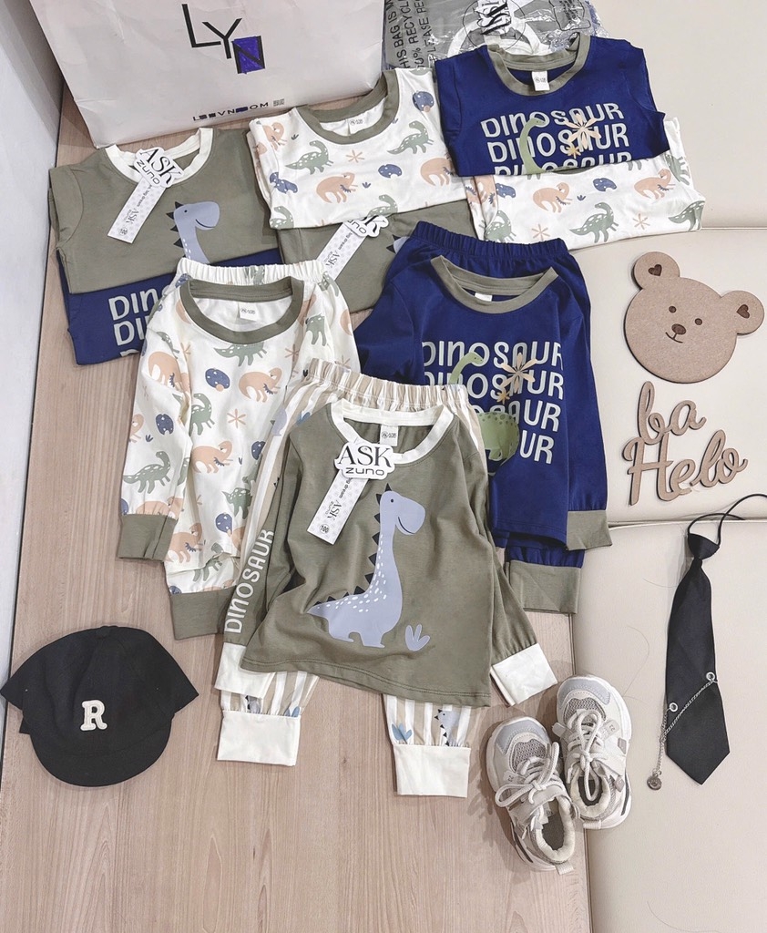 SET 3 BỘ DÀI TAY KHỦNG LONG TONE BE RÊU XANH THAN BÉ TRAI