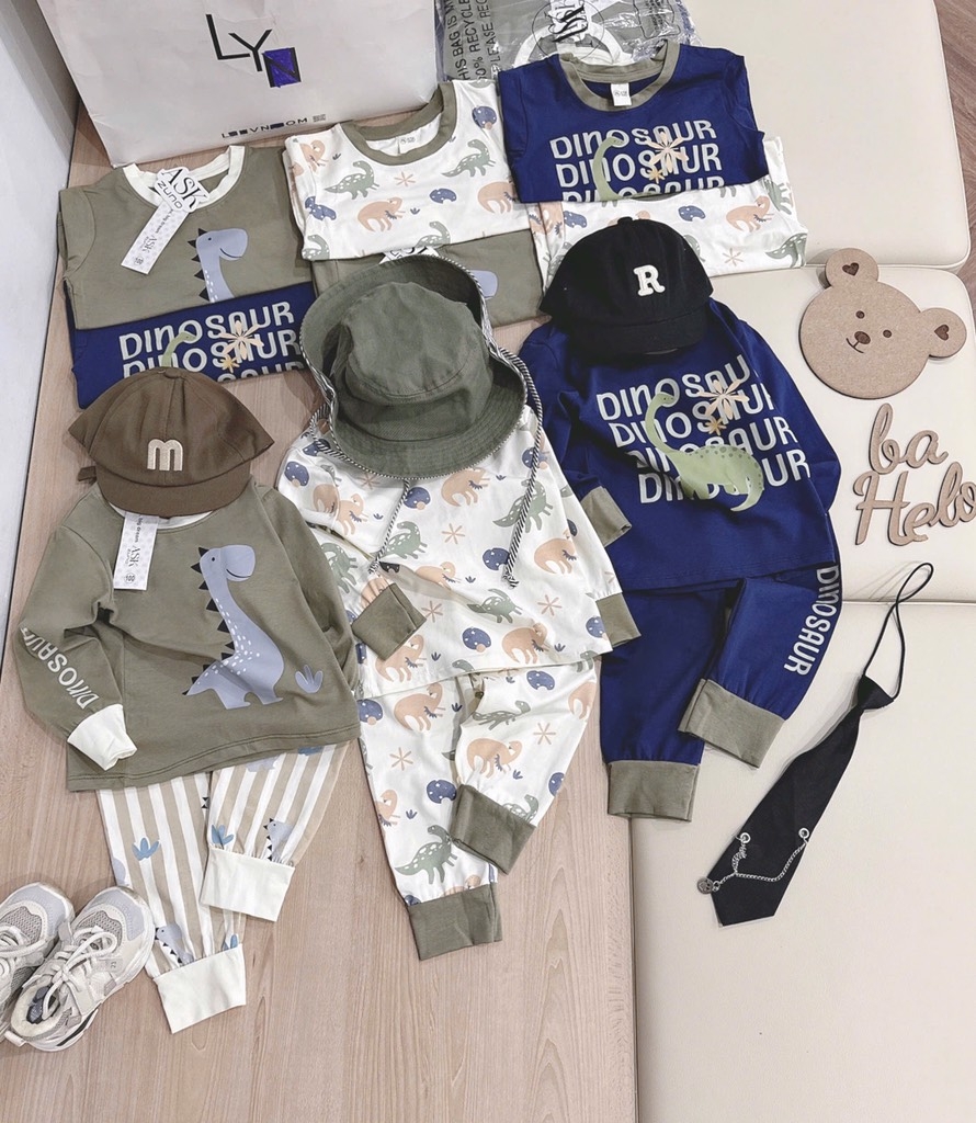 SET 3 BỘ DÀI TAY KHỦNG LONG TONE BE RÊU XANH THAN BÉ TRAI