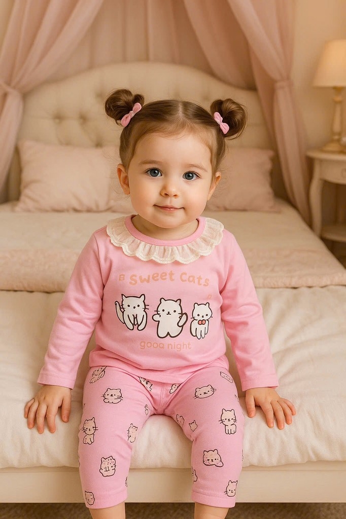 SÉT 2 BỘ COTTON DÀI TAY MÈO KITTY BE HỒNG CHO BÉ GÁI