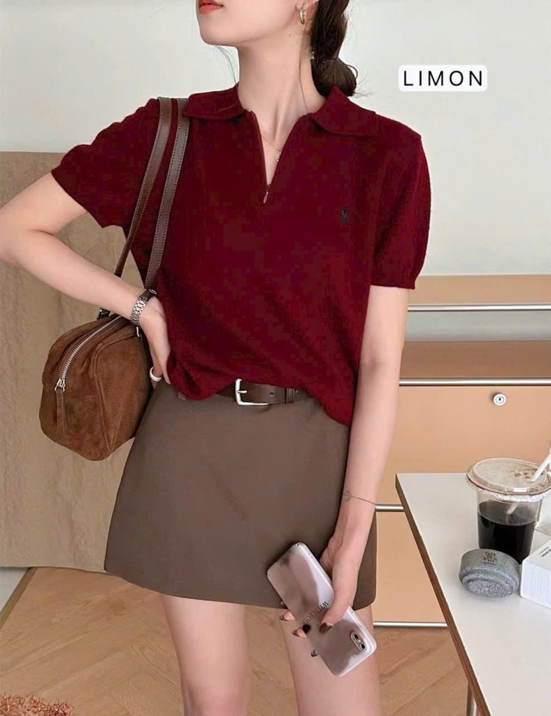 ÁO LEN CỔ POLO THÊU NGỰA MÀU ĐỎ ĐÔ NỮ SẴN