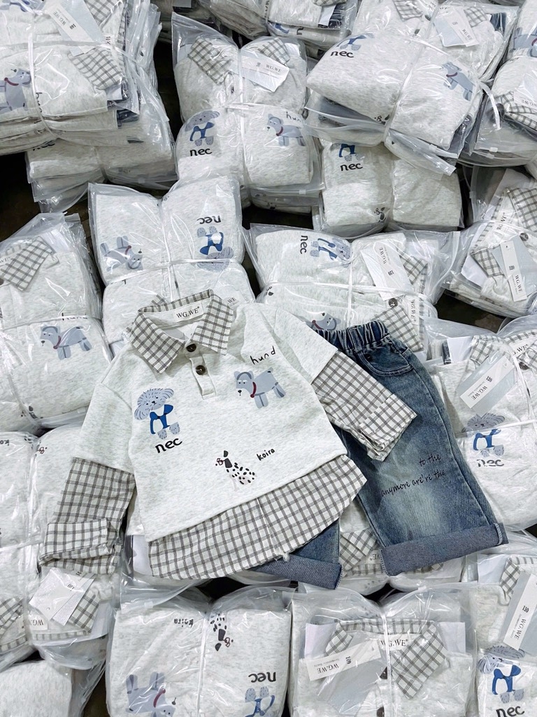 SET BỘ DÀI ÁO PHỐI SƠ MI KẺ QUẦN BÒ BÉ TRAI