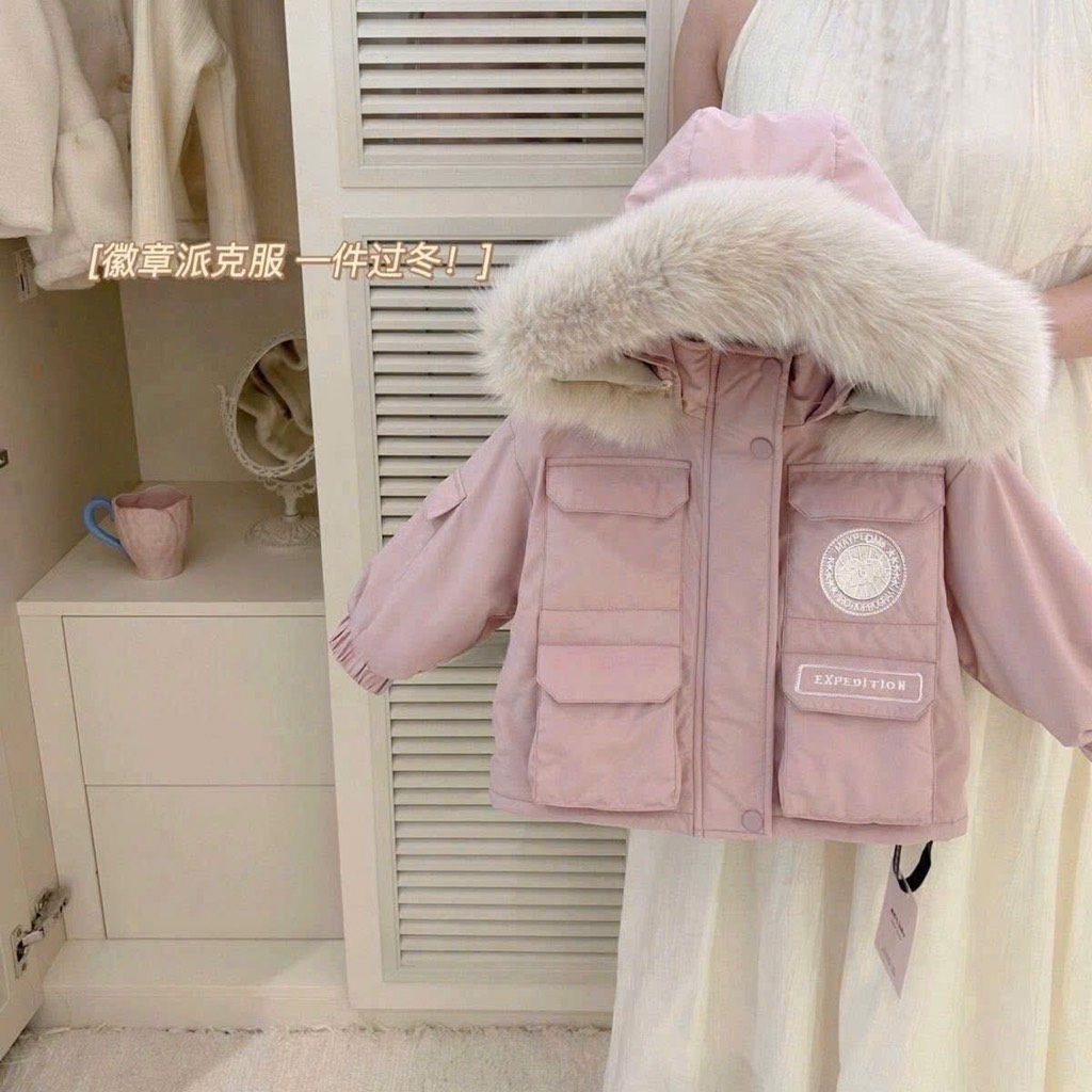 ÁO KHOÁC DÀI HỒNG MŨ LÓT LÔNG SIÊU XINH BÉ GÁI
