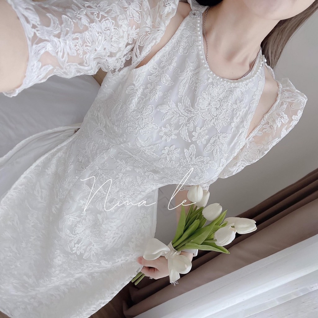 SET ÁO DÀI REN 2 LỚP CỔ NGỌC ĐÍNH VAI ĐÁ(xả 150k)