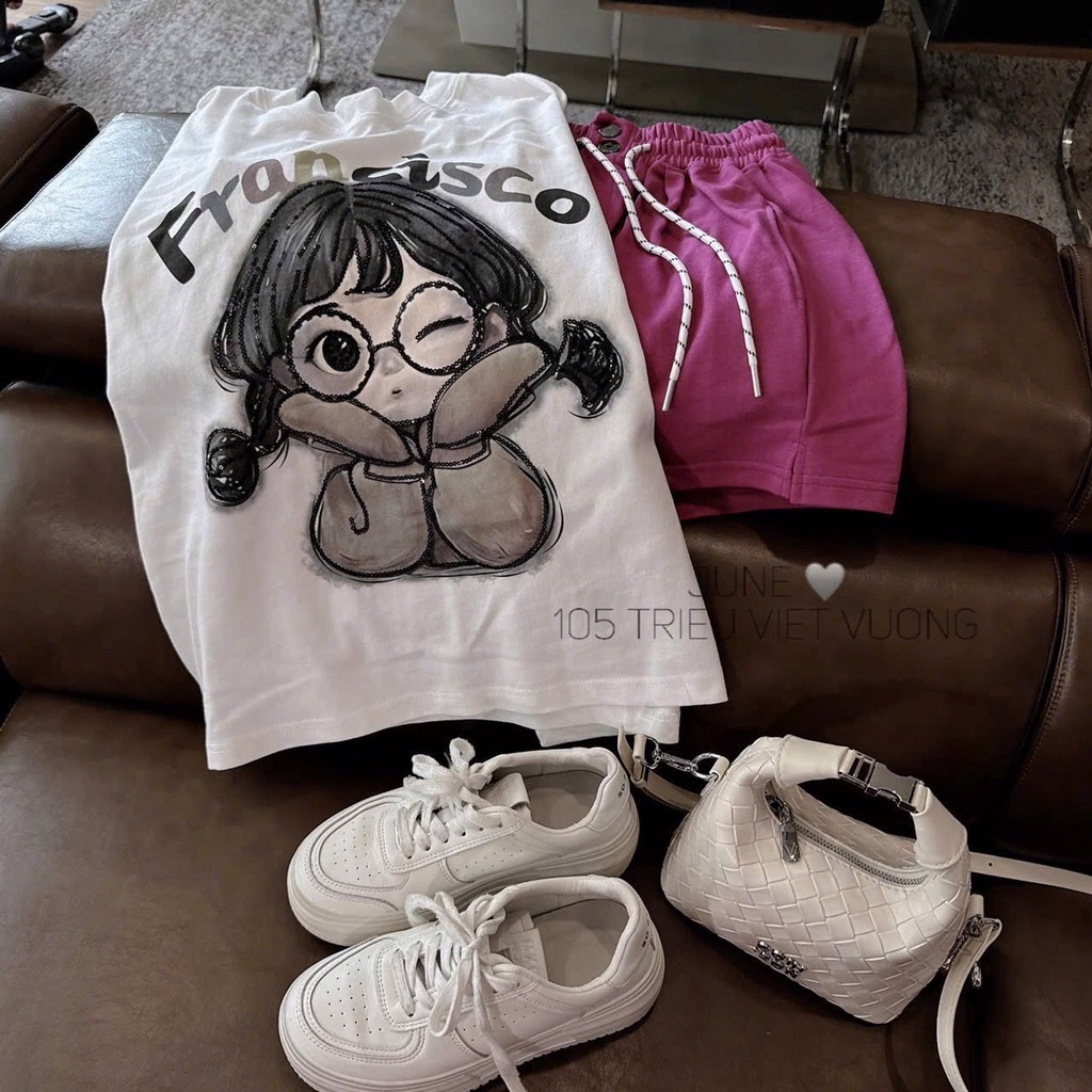 SET BỘ ÁO PHÔNG CÔ GÁI QUẦN ĐÙI HỒNG NỮ