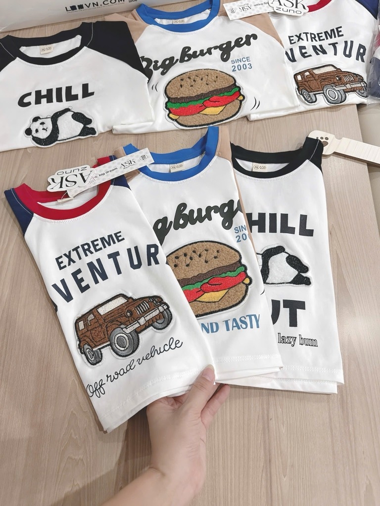 SET 3 ÁO Ô TÔ GẤU HAMBUGER DÀI TAY BÉ TRAI SẴN(XẢ 108k)