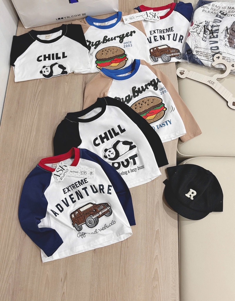 SET 3 ÁO Ô TÔ GẤU HAMBUGER DÀI TAY BÉ TRAI SẴN(XẢ 108k)