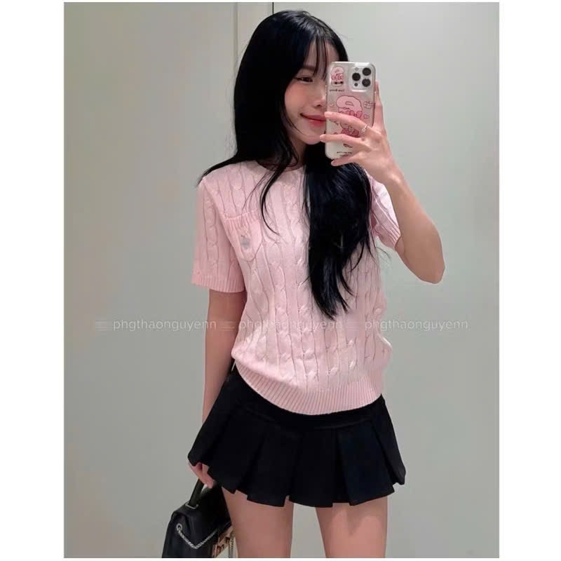 ÁO LEN DỆT KIM MÀU HỒNG CỔ TRÒN THÊU NGỰA NỮ THU ĐÔNG SẴN