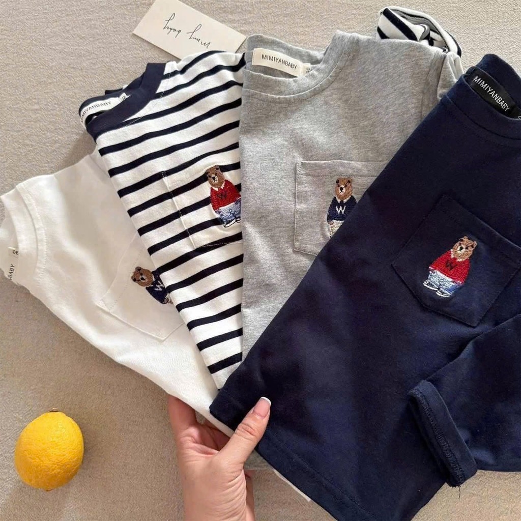 SET 4 ÁO THUN DÀI TAY THÊU GẤU BÉ TRAI