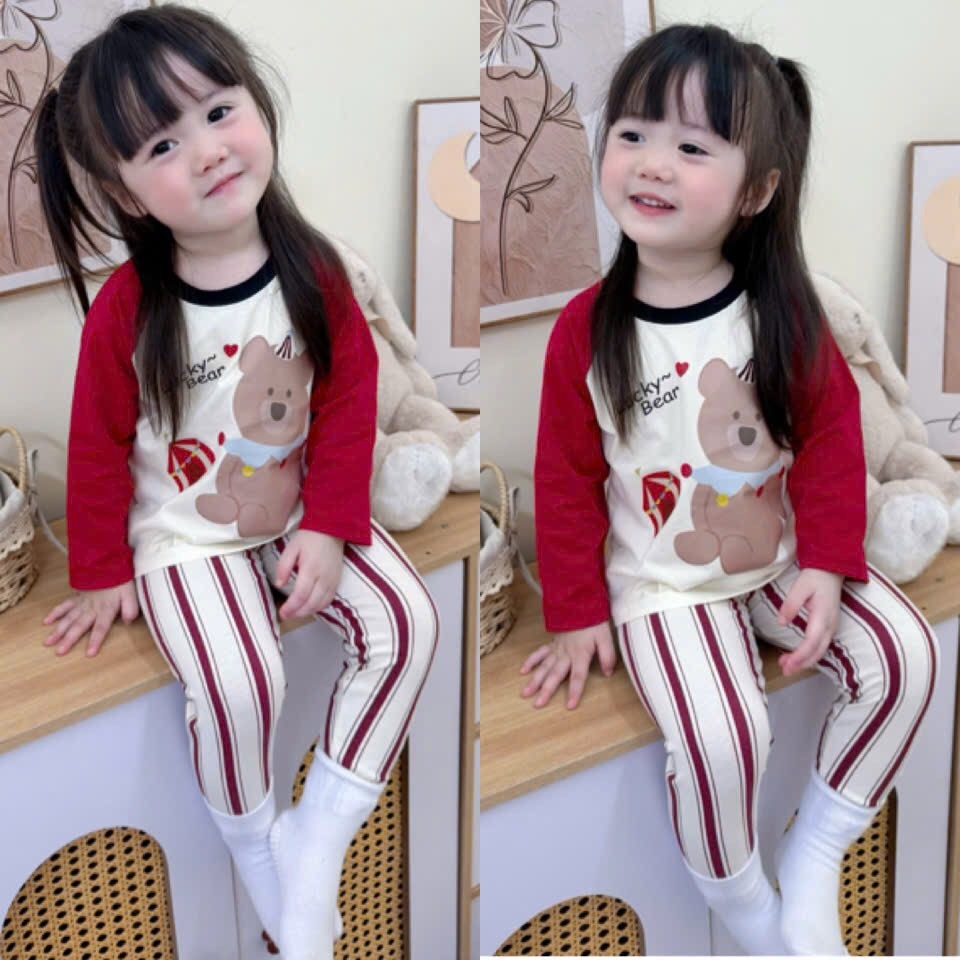 SET 2 BỘ DÀI QUẦN SỌC GẤU BEAR PUPPY BÉ GÁI SẴN
