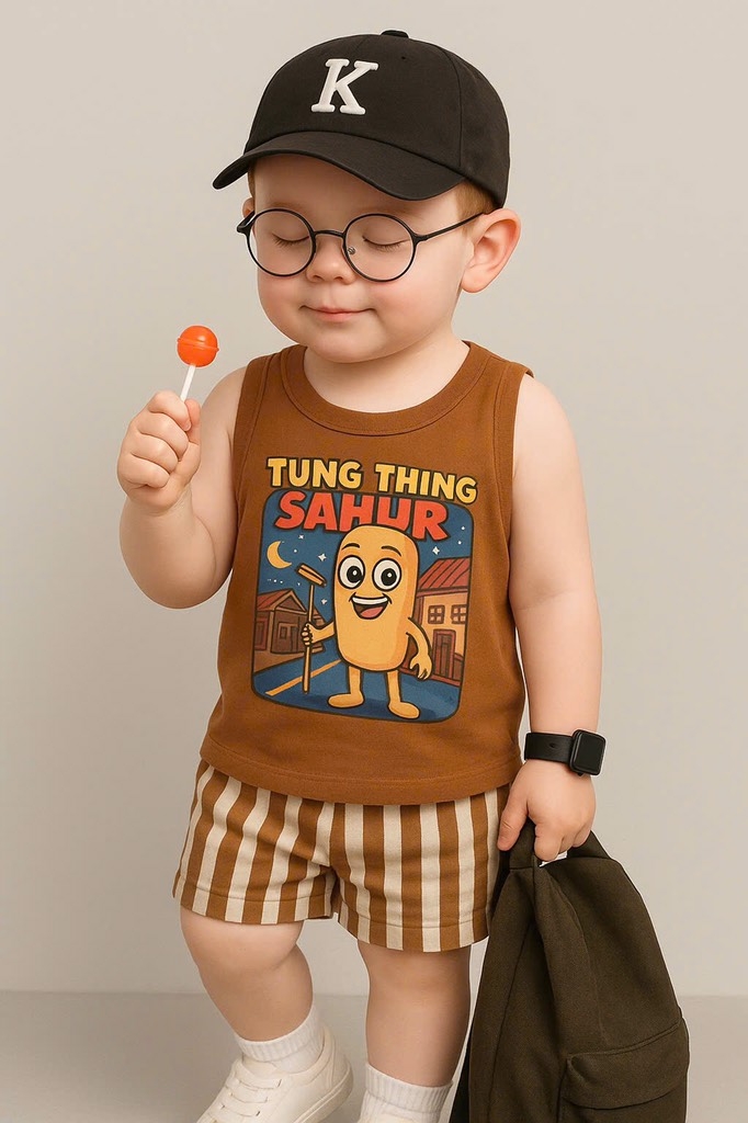 SET BA LỖ TUNGTUNG SAHUR QUẦN SỌC NÂU TÂY CHO BÉ TRAI (xả 45k)