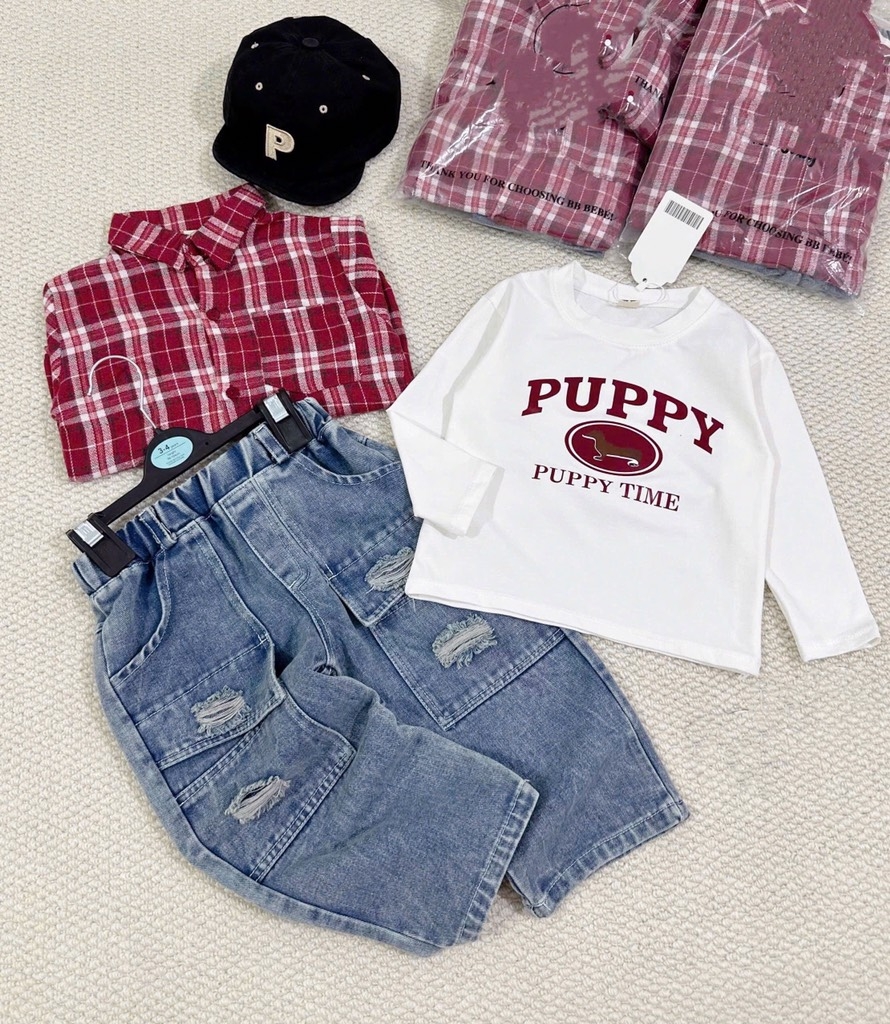 SET DÀI ÁO PHÔNG QUẦN BÒ KÈM SƠ MI KẺ ĐỎ BÉ TRAI