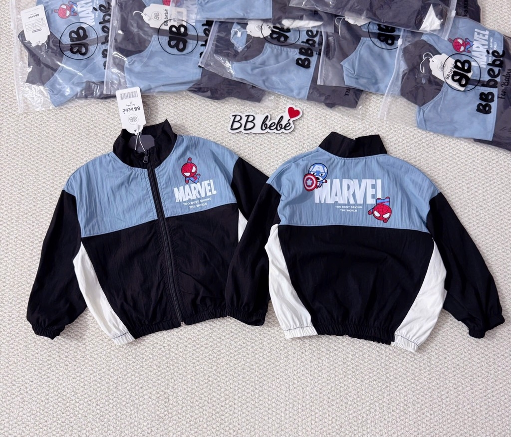 ÁO GIÓ DÀI TAY NHỆN MARVEL XANH ĐEN BÉ TRAI