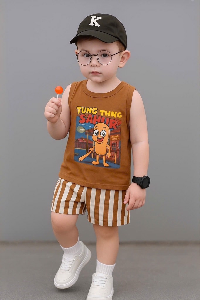 SET BA LỖ TUNGTUNG SAHUR QUẦN SỌC NÂU TÂY CHO BÉ TRAI (xả 45k)