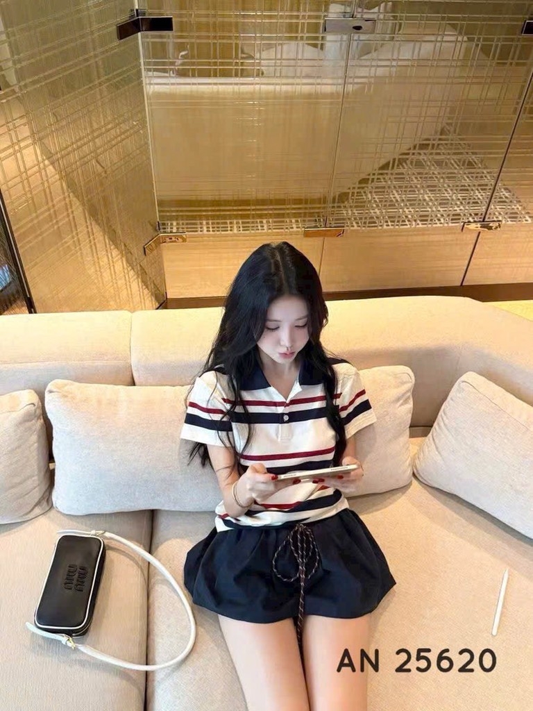 SET BỘ POLO KẺ CÚC PHỐI CV THAN NỮ